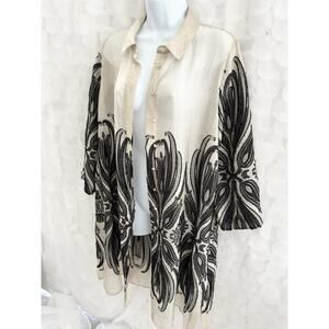 Chico's Travelers LONG Beige Sheer Duster Jacket Size 2 Med Black Appliqués